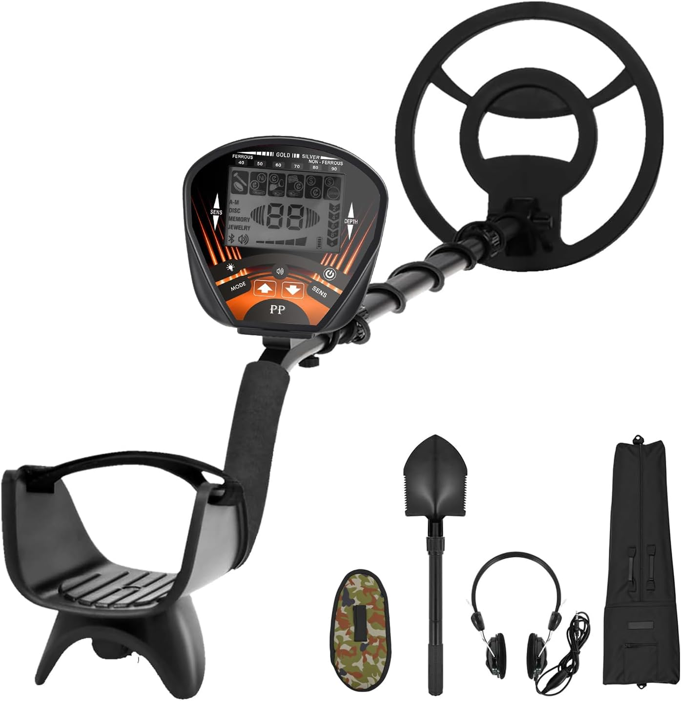 Metal Detector 5 Modes Waterproof Adjustable Deep Sensitive Searching Gold Digger Automatic Treasure Hunter with LCD Screen & Headphone & Shovel & Carry Bag Kits