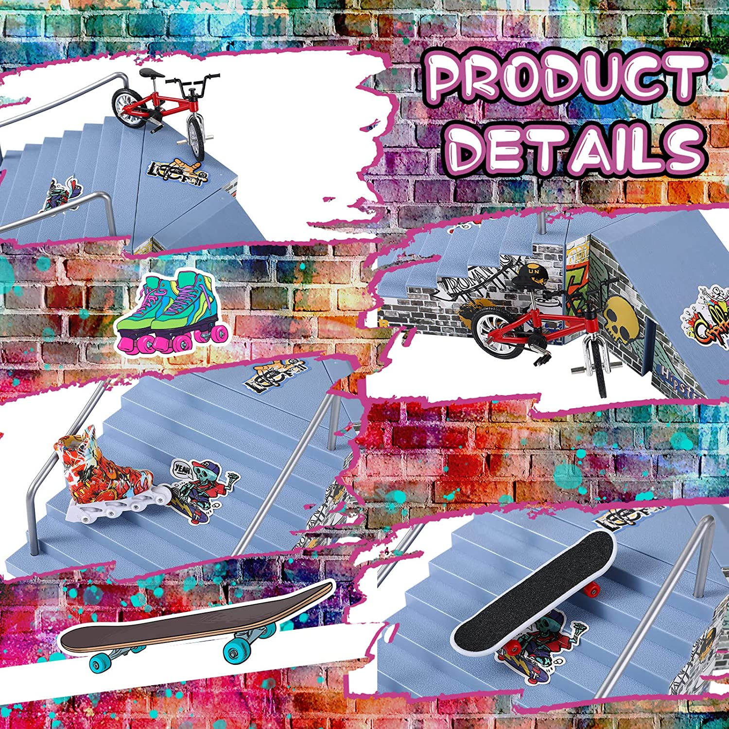 Fingerboard Ramps Kit - 24 Pcs Skatepark Set with Mini Toy Accessories Including Roller Skate, Bike, Scooter, and Hand Board image number 6