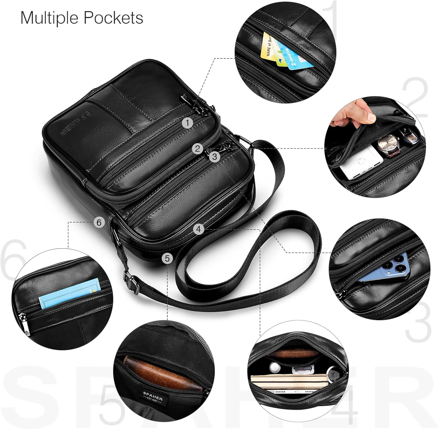 SPAHER Man Bag Small Shoulder Bag for Men Crossbody Leather Bags for Men Leather Handbag Shoulder Bag Business Messenger Backpack Crossbody Casual Sling Travelling Bag Mens Gift - A001 Black image number 5