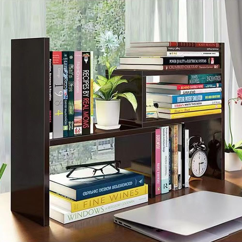 Hbluefat Desktop Bookshelf,Small Desk Shelf Organizer Mini Shelves Adjustable Desk Bookcase Display Organizer for Home Office, Bedroom, Living Room (Dark Walnut) - Dark Walnut image number 5