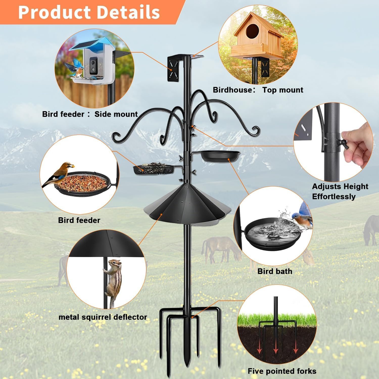 92" Squirrel Resistant Feeder Pole & Birdhouse Pole - Heavy Duty Bird Feeding Station with Metal Baffle, Hooks & Water Dish image number 2