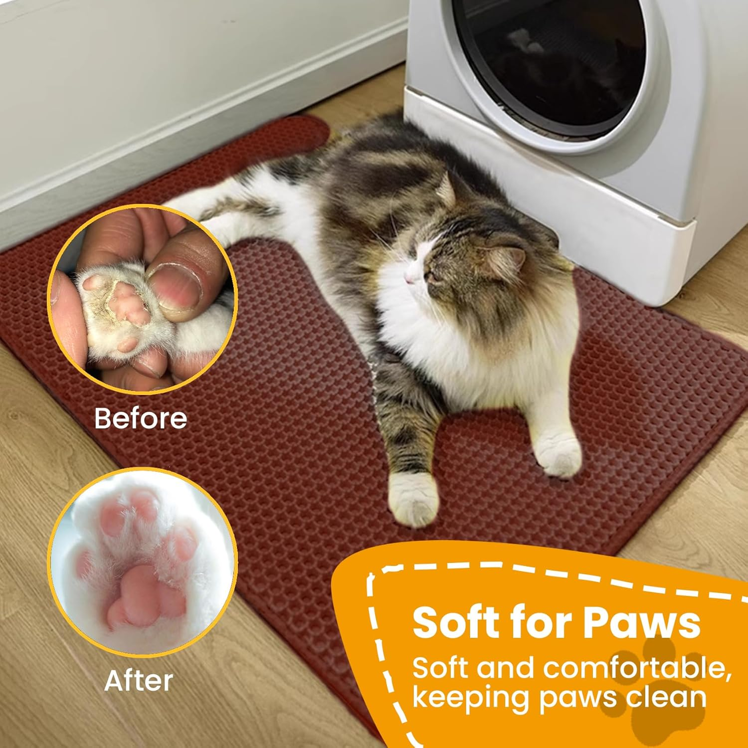 Petinstinct Cat Litter Mat, 24X18 Inches Large Honeycomb Double Layer Cat Litter Trapping Mat, Non Slip Waterproof Urine Proof Cat Litter Box Mat, Kitten Supplies and Essentials, Brown image number 7