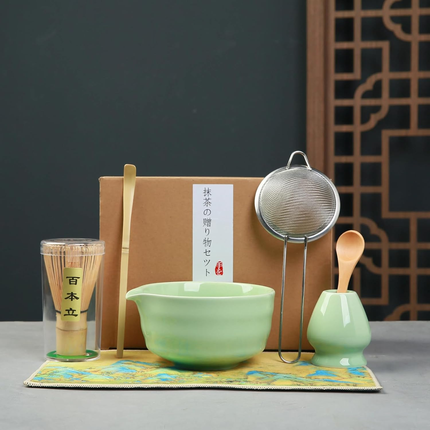 6Pcs Matcha Kit Set,Matcha Set Includes Bowl with Spout and Bamboo Matcha Whisk, Bamboo,Matcha Scoop, Spoon and Stainless Sifter, Japanese Tea Making Tools, Bottle Green Matcha Kit (Pink)