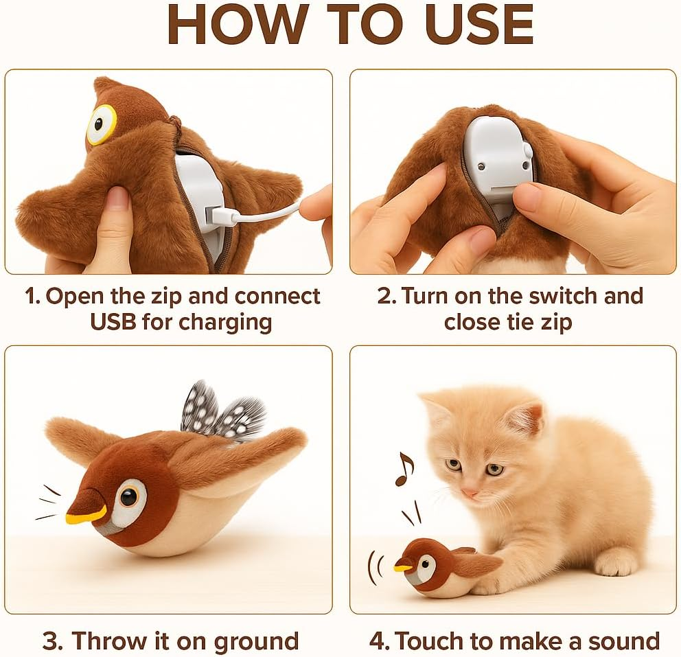 Aleena Enterprises LLC Flappy Flying Bird Cat Toy &ndash; Interactive Sparrow with Flapping & Chirping Sounds (NO Flying), Indoor Exercise Toy for Bored Cats (Sparrow Large)