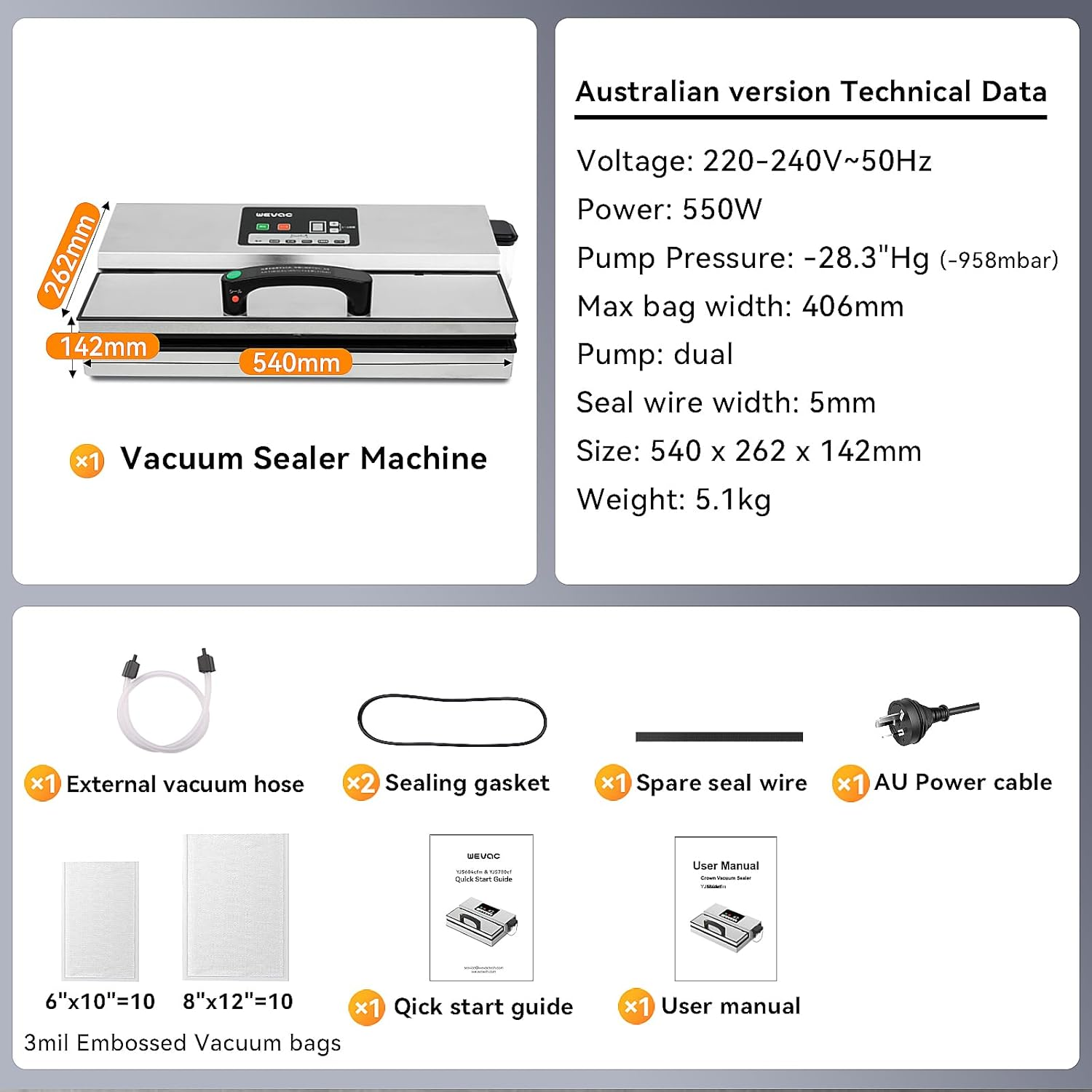 Wevac Food Vacuum Sealer Machine, Stainless 95Kpa Powerful Cryovac Machine, 5 * 400Mm Wide Seal, for Dry/Wet/Sous Vide, Commercial-Grade Seal, Includes 20 Vacuum Sealer Bags Bpa-Free image number 6