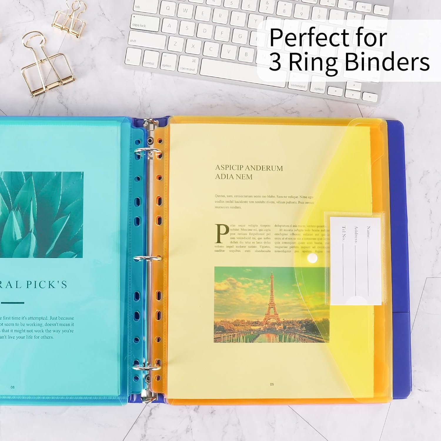 EOOUT 30Pcs Binder Pocket, Binder Pockets for 3 Ring, Binder Folders, 11 Holes, Letter Size, Snap Button Pouch with Label for School, Home and Office image number 3