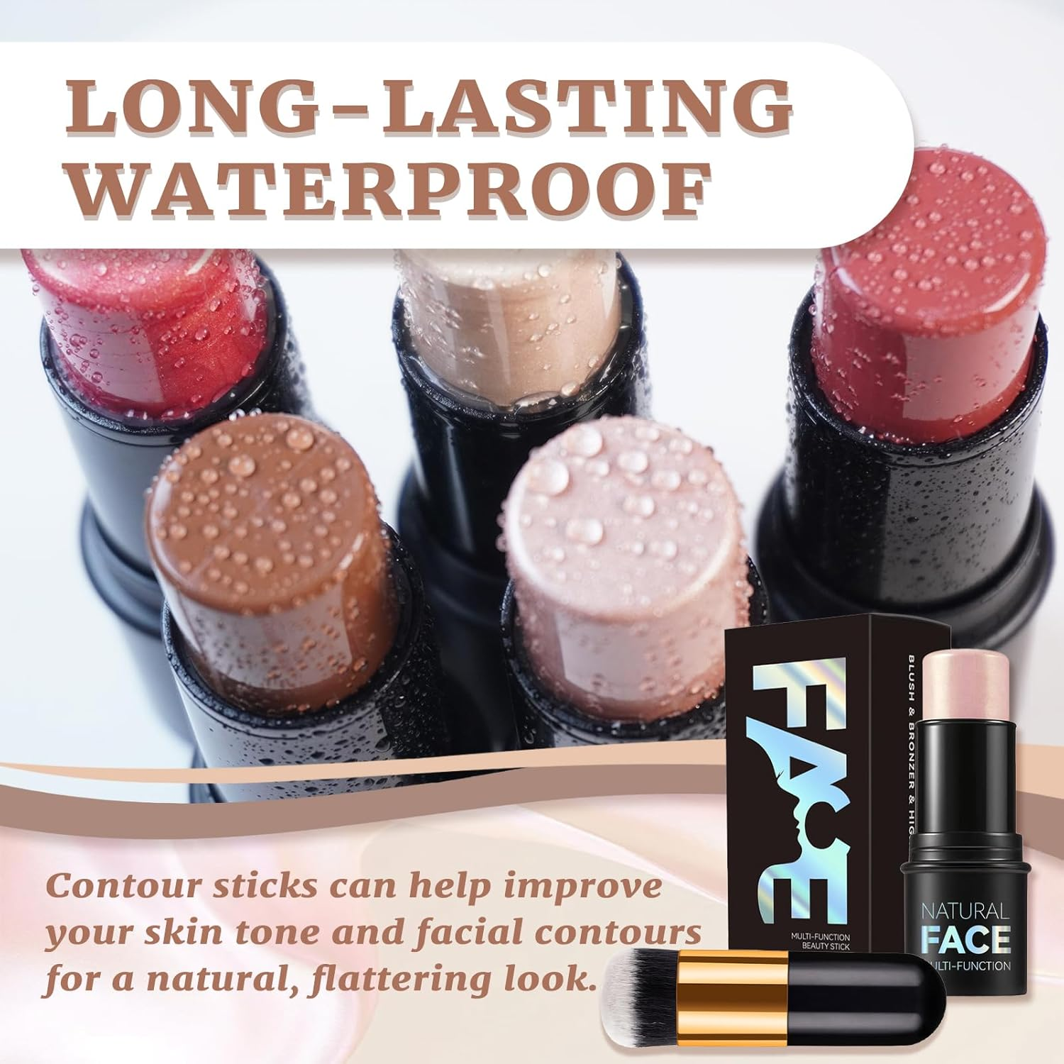 MKNZOME 3 Pcs Cream Contour Sticks, Shades with Highlighter Stick Bronzer Stick Blush Stick for Cheeks, Lips, Highlighter Makeup with Makeup Brush for Sculpt the Cheeks, Long Lasting, Waterproof image number 2