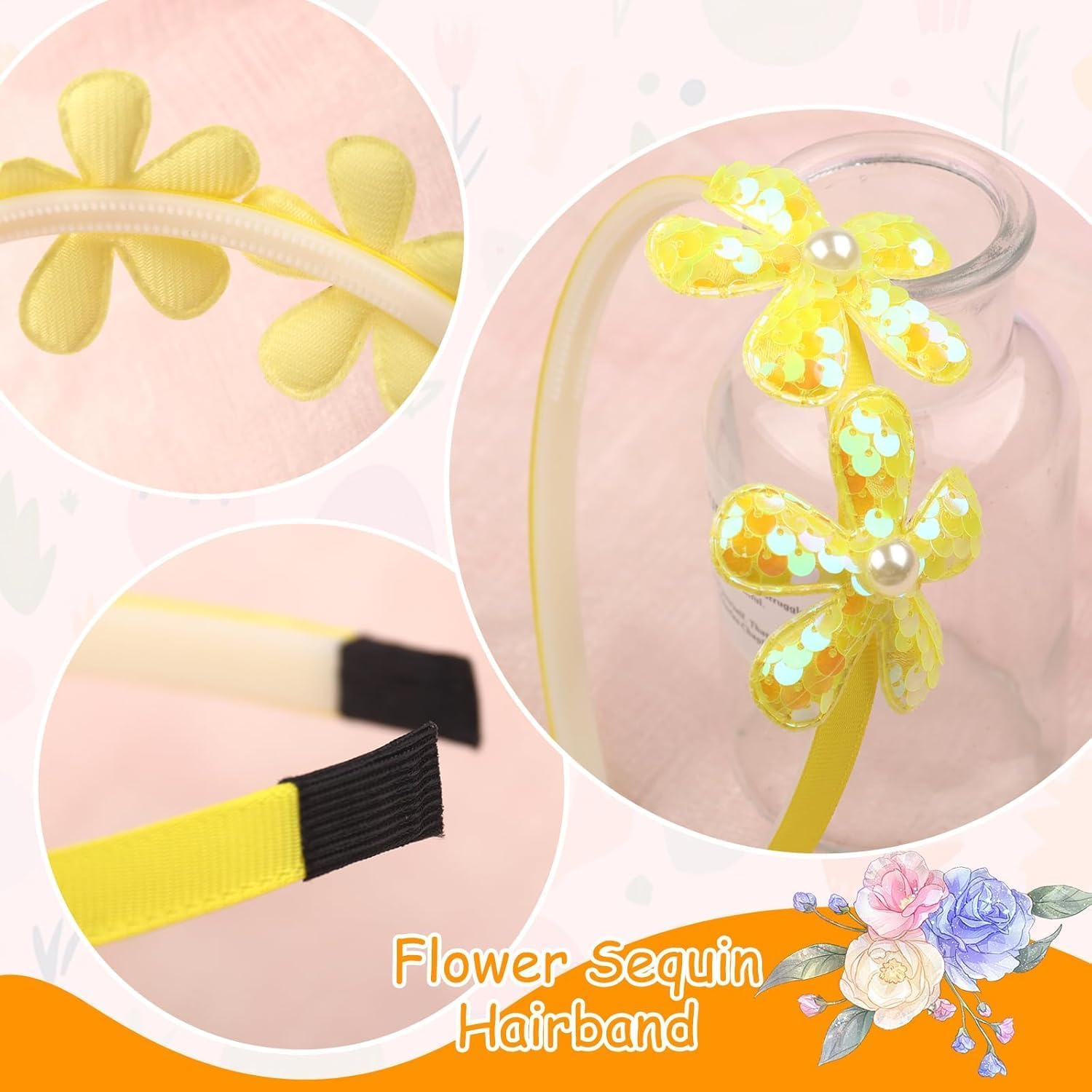 Yellow Flower Headband,Spring Summer Hairband for Women,Yellow Glitter Floral Hair Hoop,Non-Slip Headpiece Hair Accessories for Birthday (Yellow, One Size)