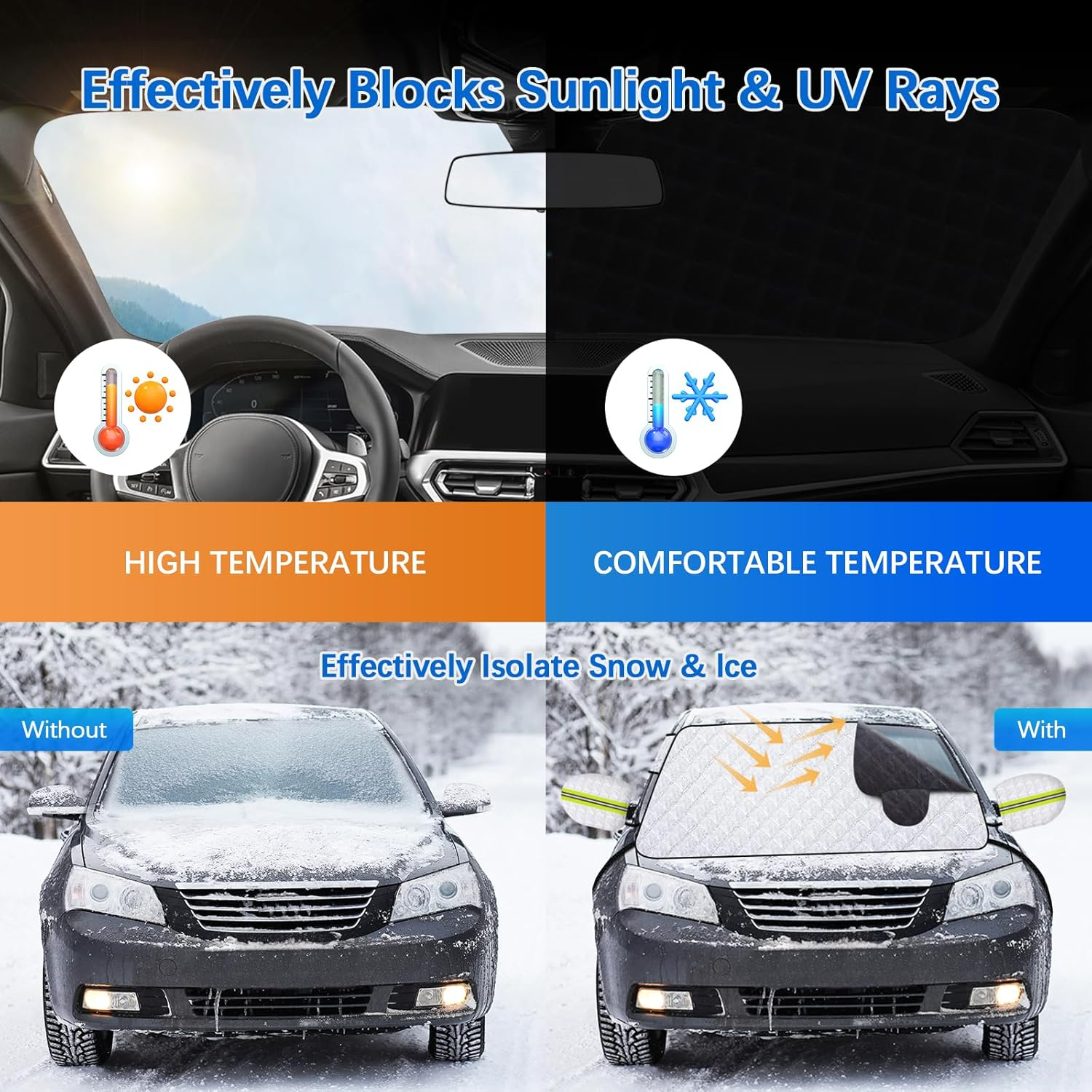 Range Tour Car Windshield Snow Cover with Fixing Strap, Automotive Windshield Cover for Snow, Ice, Sun Windshield Cover Dust Cover Car Protector for Winter Summer(148X114Cm) image number 4