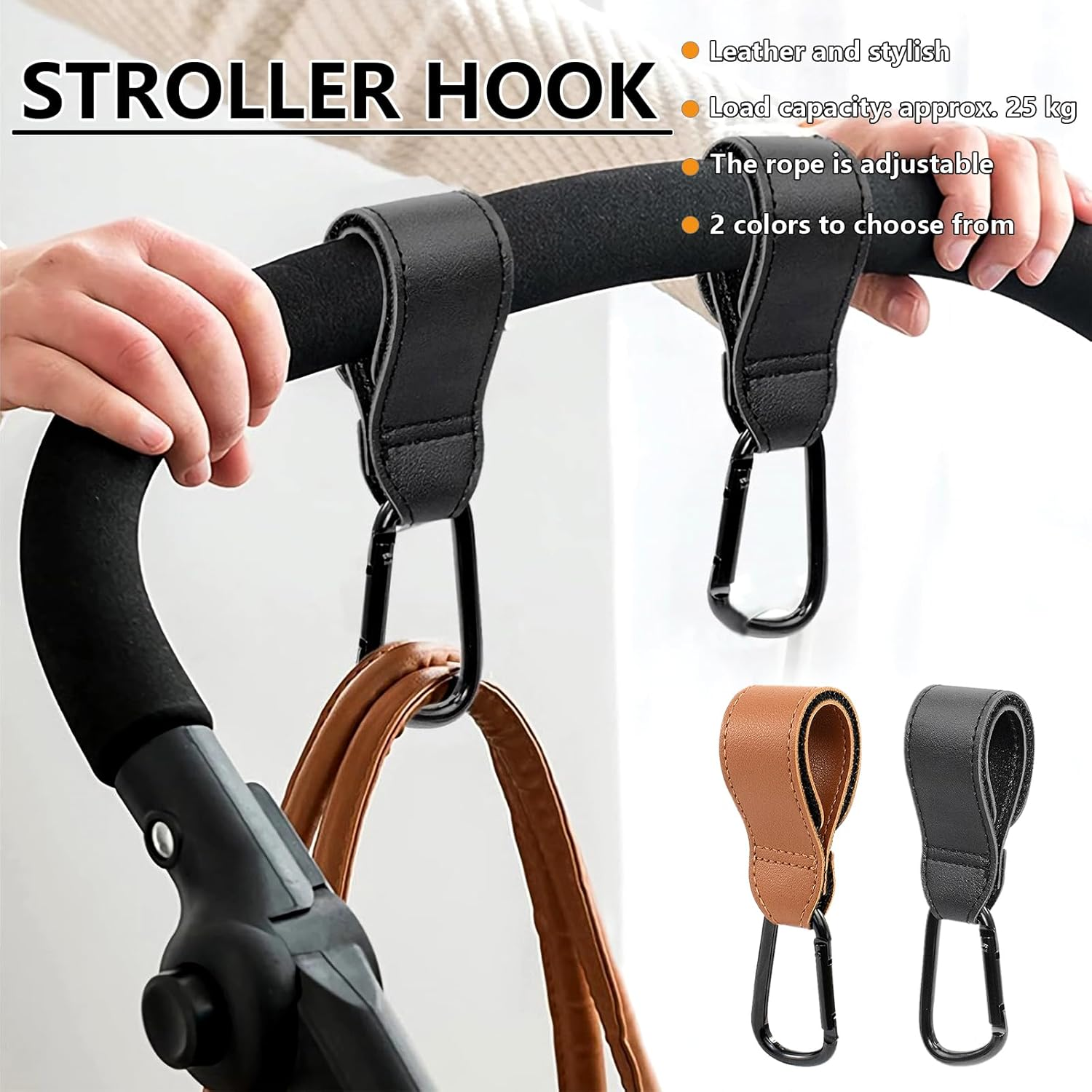 2 Pack Stroller Hooks Durable Leather Style Adjustable Carabiner Clips for Diaper Bags, Grocery Shopping & More Fits Nuna, Uppababy, BOB Strollers, Bikes, Scooters & Wheelchairs - Bra One image number 2