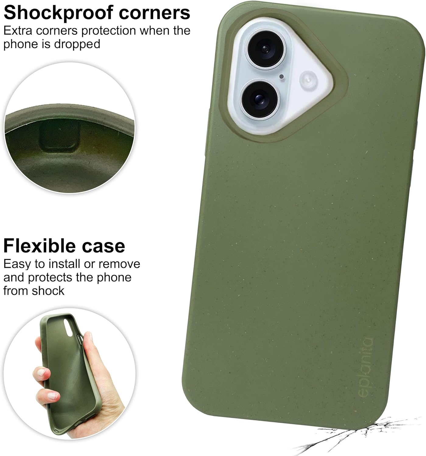 Eplanita Eco Mobile Phone Case for Iphone 16, Biodegradable Plant Fibre and Soft TPU, Drop Protection Cover, Eco Friendly Zero Waste (Khaki, for Iphone 16)