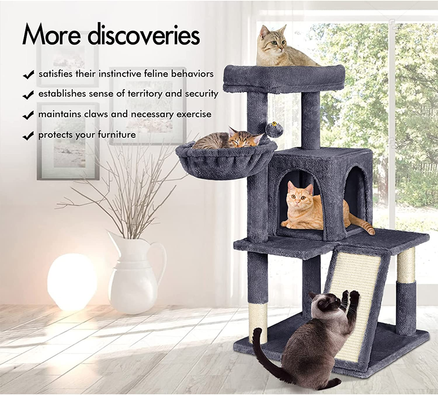 BEASTIE Cat Tree 100Cm Multi-Level Cat Tower with Scratching Posts, Cat Condo Play House Wood Furniture for Kittens Climbing and Rest, Sisal-Covered Cat Scratcher Tower with Plush Perch in Grey Colour - Grey image number 4