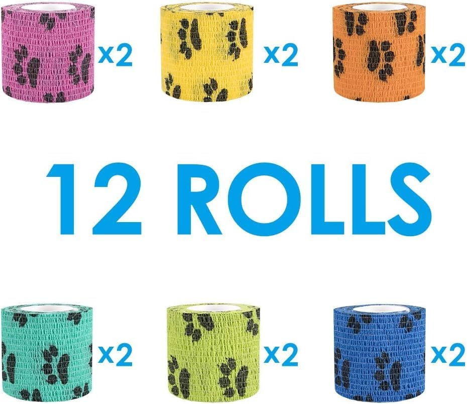 Pet Self Adhesive Bandage, 5CM Pet Vet Wrap Tape Non-Woven Cohesive Gauze Rolls for Wrist Healing Ankle Sprain & Swelling (Dog'S Paw, 12 Rolls) image number 3