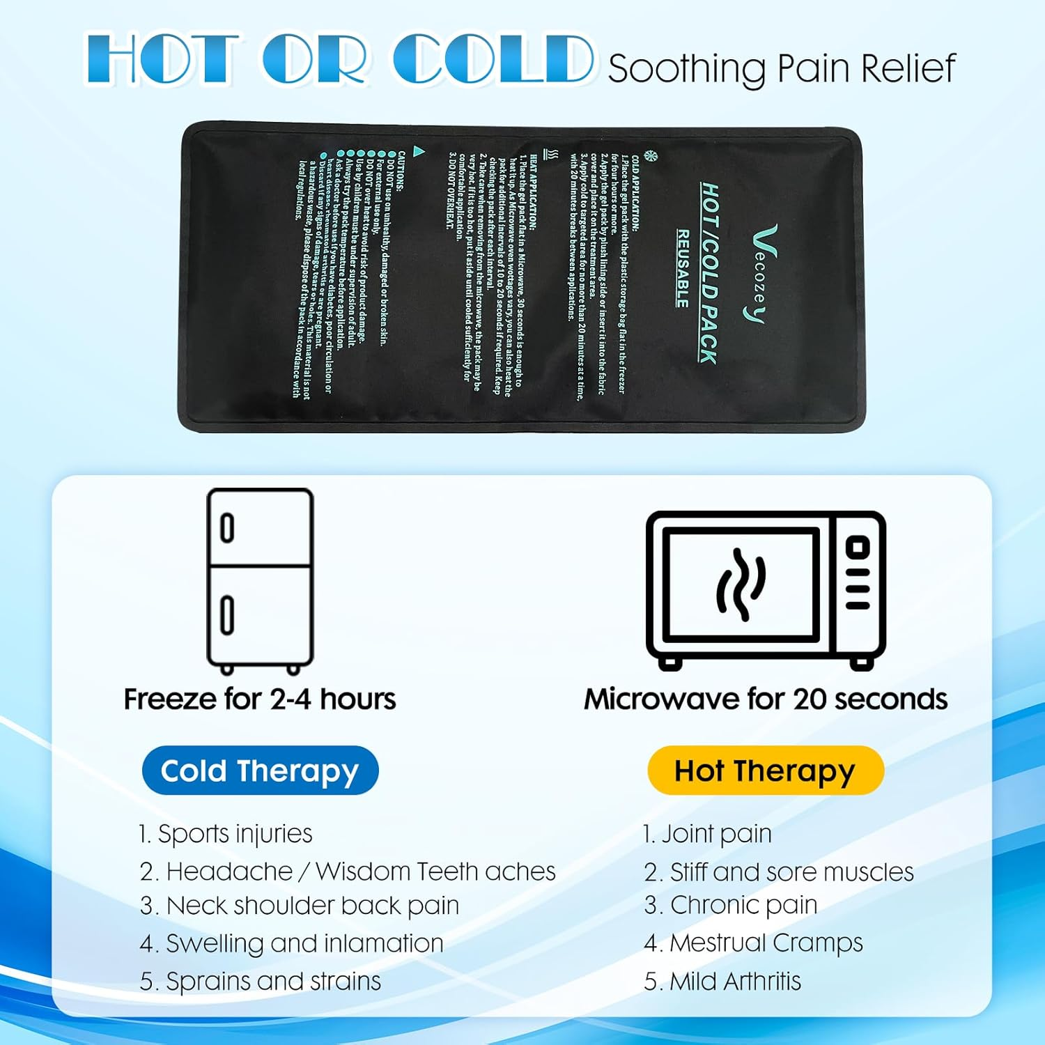 Vecozey Ice Pack for Injury Reusable, Hot and Cold Pack for Multiple Body Areas, Flexible & Long-Lasting for Shoulder, Back, Knee, Ankle, Elbow, Soft Plush & Nylon Cover, 28 X 13 Cm