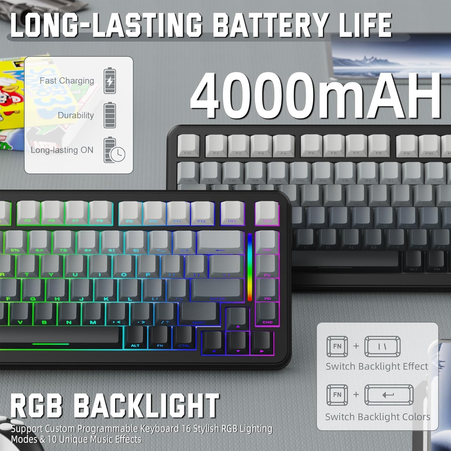 Lexonelec X ATTACK SHARK M86 Pro Wireless Mechanical Keyboard, Bt/2.4G/Wired, 4000Mah, Hot Replaceable Linear Switch, PBT Keys, QWERTY, RGB Keyboard with Spiral Cord. (Grey) - Blackberry image number 3