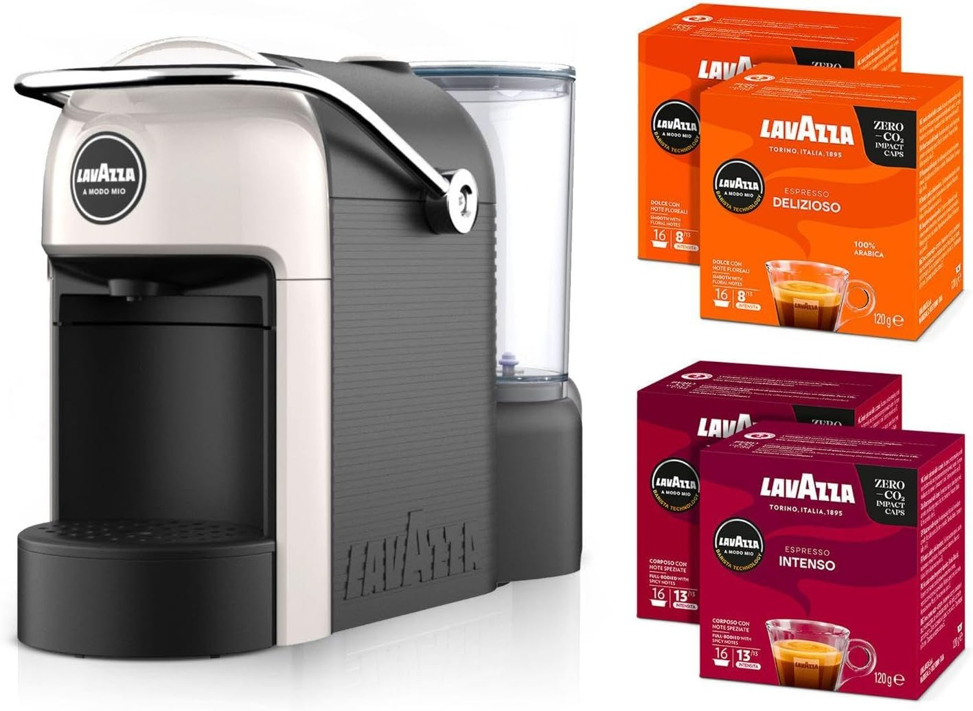 Lavazza, a Modo Mio Jolie EVO, Coffee Capsules Machine Made from 36% Recycled Plastic, with 64 a Modo Mio Coffee Pods, Espresso Intenso and Delizioso, 1250 W, 220&ndash;240 V, 50&ndash;60 Hz, White image number 2