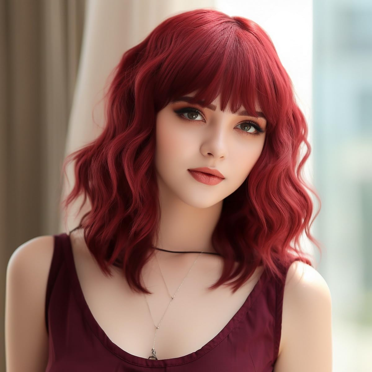 BERRYLION Wigs for Women|Short Bob Wig with Bangs|Synthetic Wavy Bob Wig with Air Bangs (Wine Red) image number 5
