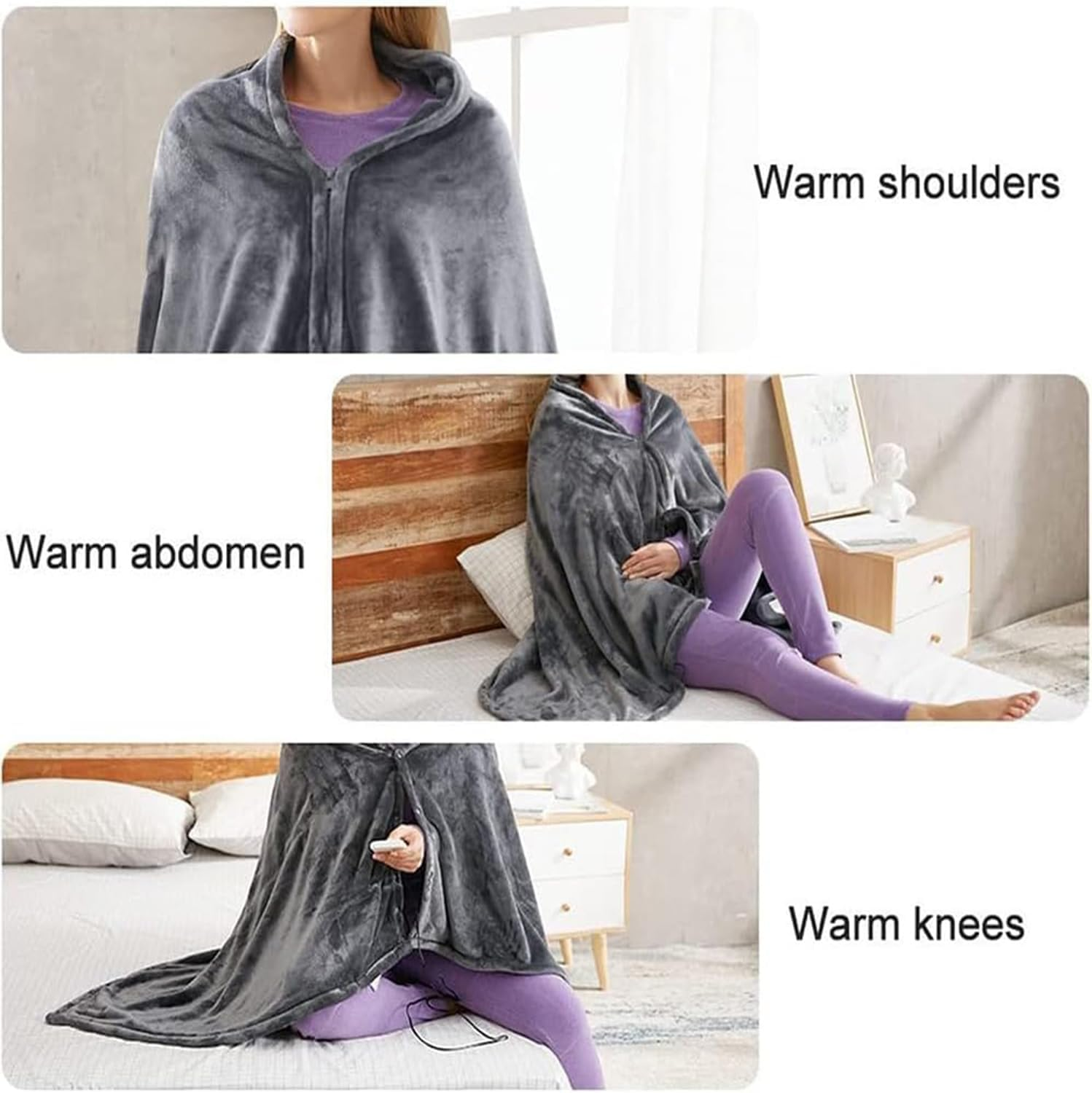 Quintin Portable USB Heated Blanket Shawl - Wearable Cordless Electric Heated Blanket for Outdoors 3 Heating Levels, USB Operated Camping Heated Blanket (Grey) image number 6