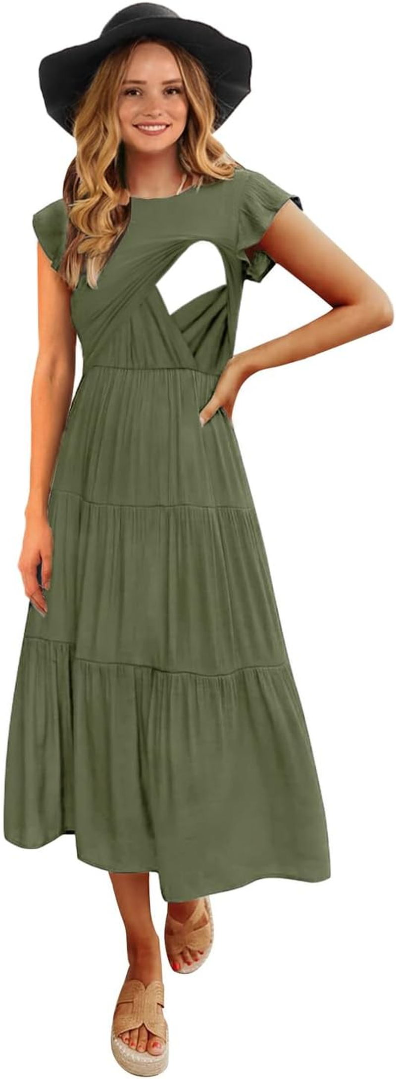 Womens Flutter Short Sleeve Smocked Tiered Nursing Dress for Breastfeeding image number 3