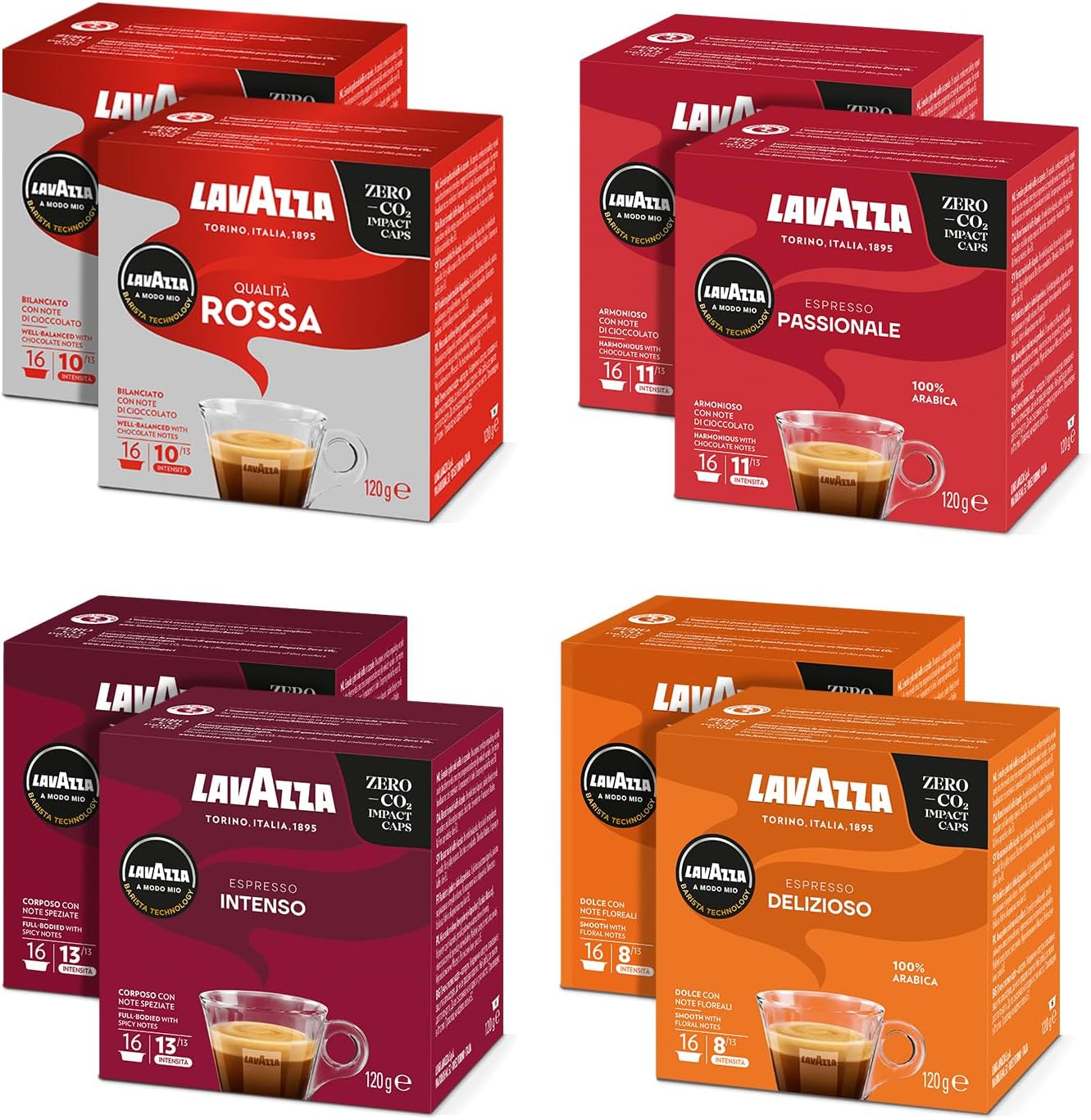 Lavazza, a Modo Mio Variety Pack, 128 Coffee Pods, 2 X Qualit&agrave; Rossa, 2 X Espresso Passionale, 2 X Espresso Intenso, 2 X Espresso Delizioso, 8 Packs of 16 Coffee Pods