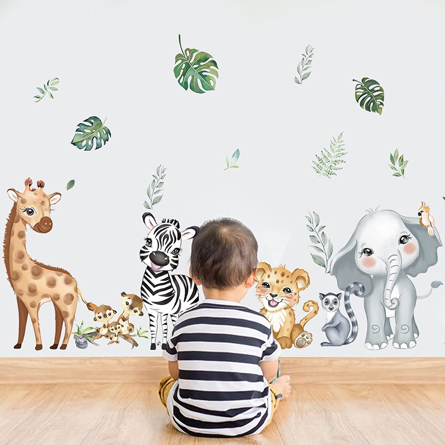 Decalmile Jungle Animals Wall Decals Elephant Giraffe Safari Wall Stickers Baby Nursery Kids Room Living Room Wall Decor image number 2