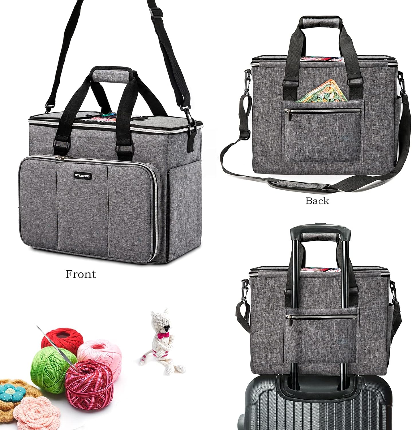 Knitting Bag, Large Yarn Storage Organizer, Crochet Bags and Totes, Yarn Bags for Crocheting, Yarn Holder Case for Knitting Needles, Crochet Hooks, Knitting Accessories, Unfinished Project, Grey. image number 3