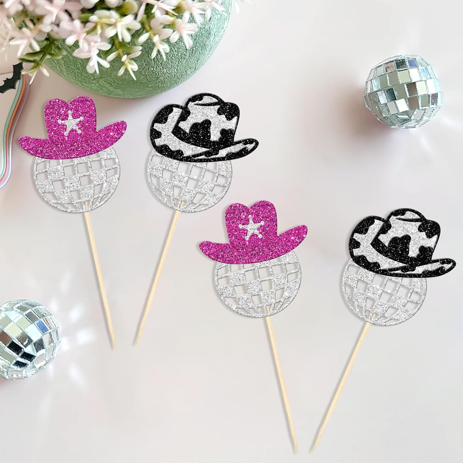 24 Pack Sparkling Disco Ball Cupcake Toppers Western Cowboy Hat Cupcake Picks Cowgirl 70S Disco Balls Cupcake Decorations for 1970S Music Disco Theme Birthday Party Cake Decorations Supplies (#1) image number 1