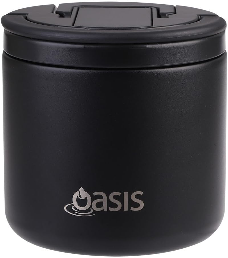 Oasis Stainless Steel Double Wall Insulated Food Flask with Quick Release Lid & Spork 550 Ml - Black