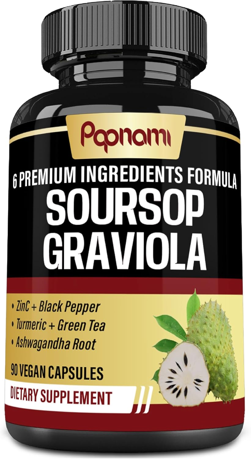 6-In-1 Soursop Supplements | Blended with Zinc, Ashwagandha, Turmeric, Green Tea & Black Pepper | Support Natural Antioxidant | 90 Count
