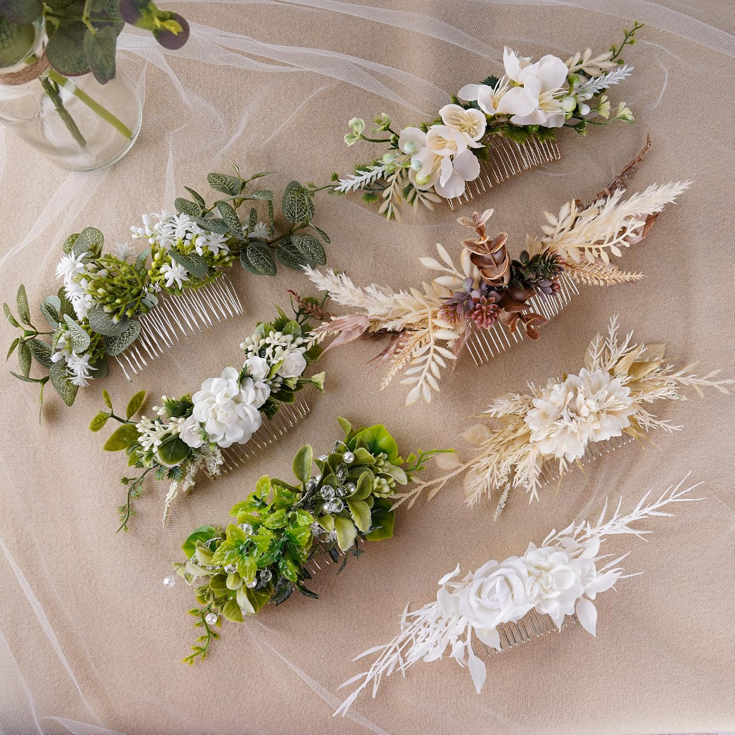 Partyforu Bridal Flower Hair Comb for Women, Handmade White Flower Comb for Wedding, Flower Hair Accessories for Bride, Bridesmaid, Hen Party, Bridal Shower image number 5