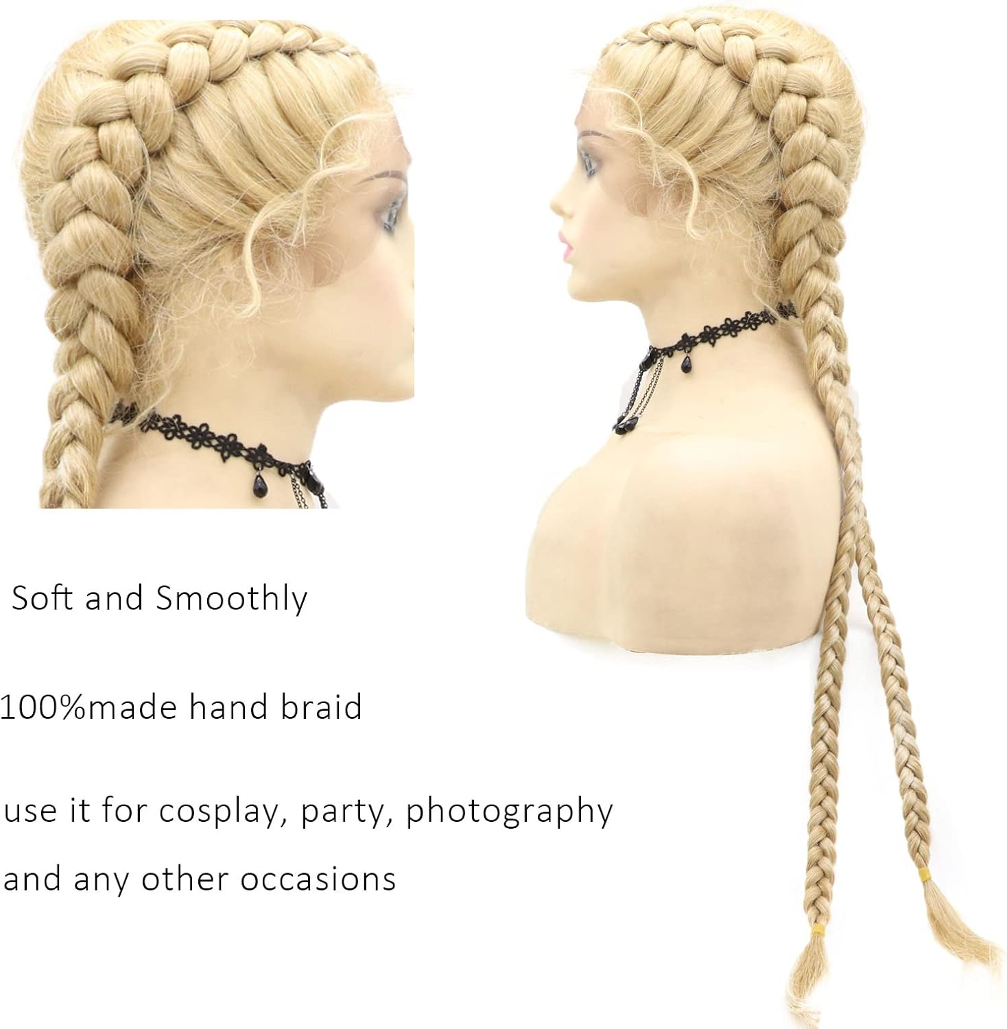 613 Blonde Synthetic Double Braid Lace Front Wig with Baby Hair Natural Looking Long Braided Wigs for Black Women Glueless Heat Resistant Fibre Handmade Twist Braids Hair image number 4