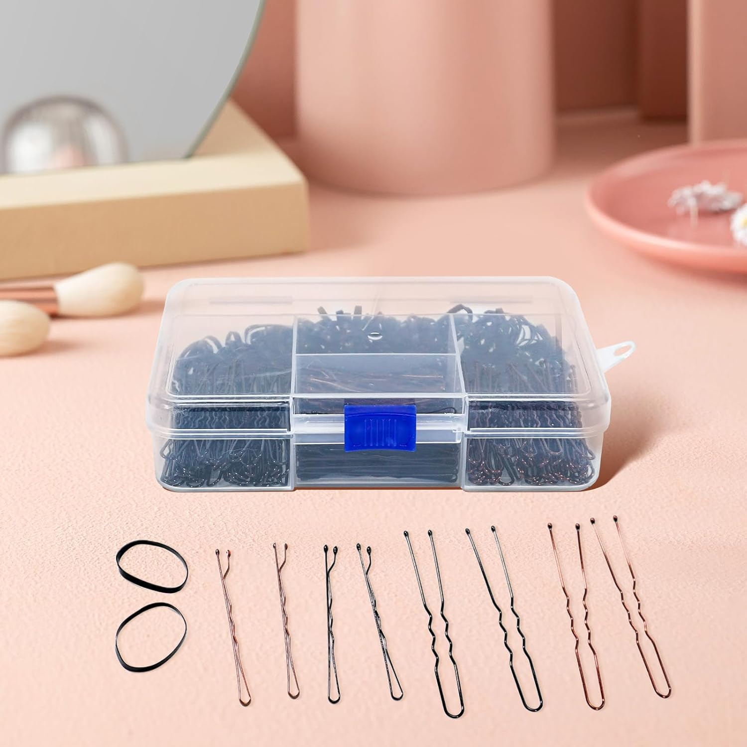 Axinost Pack of 300 Hair Pins, Metal Wave Shape Hair Clips, Bobby Pins, U Hair Clips, Hair Pins, Hair Scrunchie, with Storage Box for Children, Girls, Hairdressing Salon (Black and Brown)