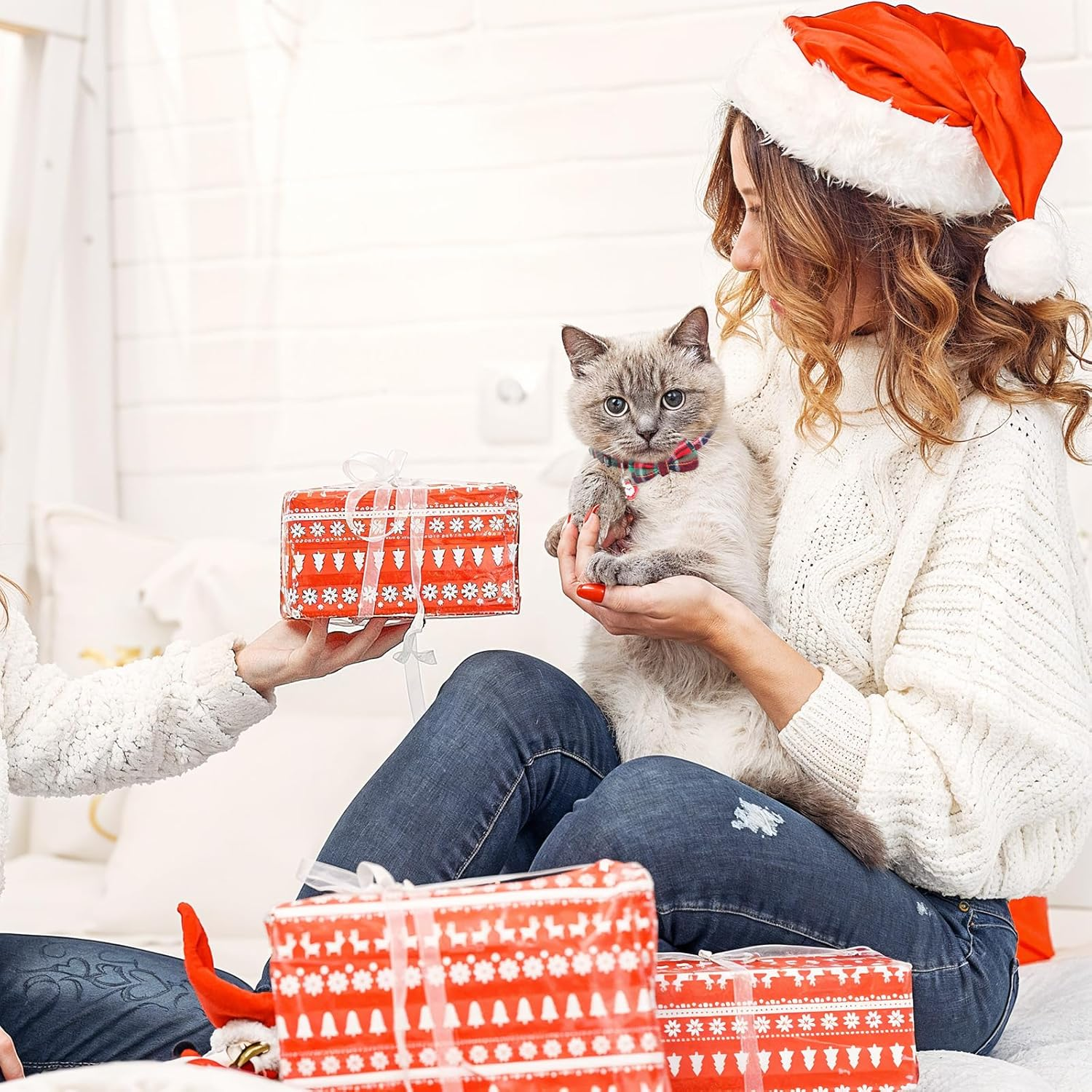 Prasacco Pack of 2 Christmas Cat Collars, 30 X 1 Cm, Adjustable Kitten Collar, Cute Cat Collar with Santa Claus, Christmas Tree, Small Bow and Bell (Green, Red) image number 3