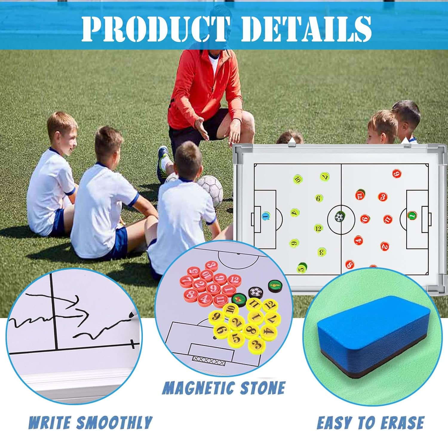Soccer Coaching Board,Portable Football Tactics Whiteboard,Full-Court Half-Court Large Soccer Training Coaching Strategy Dry Erase Clipboard with Player Markers and Pen,Coach Training Equipment image number 1