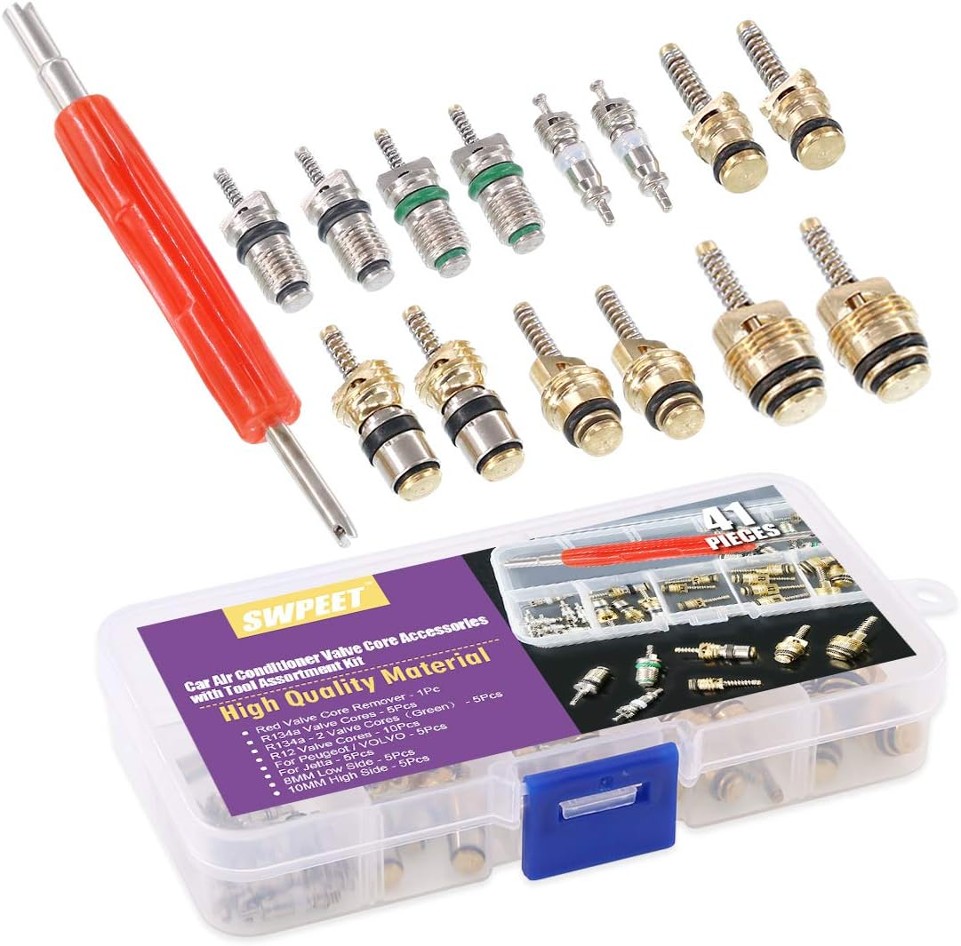 Swpeet 41Pcs R12 / R134A AC Master Valve Core Repair Kit, Including Assortment R12 R134A Valve Core Refrigeration Tire Valve Stem Cores with Remover Tool for Most Cars image number 2
