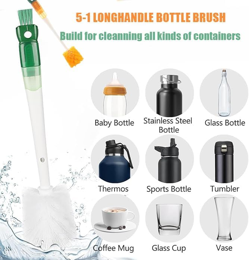 WEZCHUGHAOL 5-In-1 Water Bottle Cleaning Brush Set, Detachable Straw Cleaner, Cup Lid Gap Brush Kit (White-Orange) - White-Green image number 2