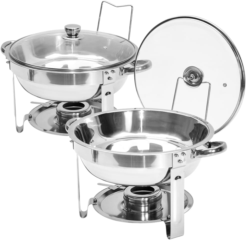 ALSTON 2 Pack round Chafing Dish Buffet Set 201 Stainless Steel 4.5L Food Pan with Glass Lid and Fuel Holder Complete Set for Restaurant Party Catering Wedding image number 2