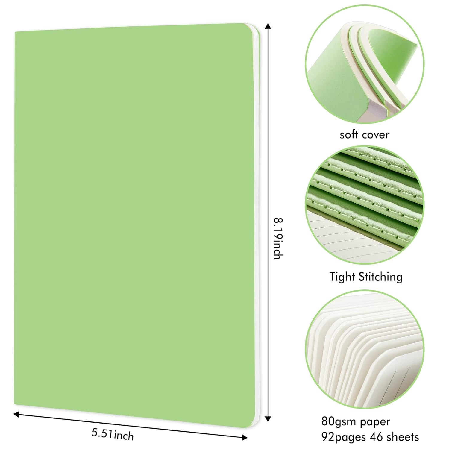 Feela 8 Pack Soft Cover Journal Bulk, Notebooks College Ruled for Work, Lined Travel Journal for Women Men, Note Taking Notebook School Supplies Business Writing, 8.2&rdquo; X 5.5&rdquo;, A5, Light Green image number 6