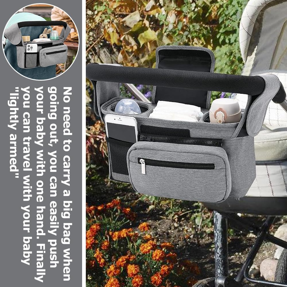 Universal Stroller Organizer,Multifunctional Storage Bag,Item Storage Container,Stroller Caddy Fits, Organizer Bag with Hooking,Detachable Shoulder Straps,For Diapers,Toys,Snacks (Grey)