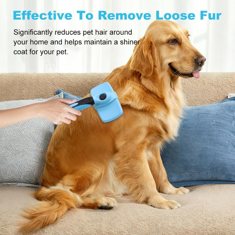 Self Cleaning Slicker Brush for Dogs & Cats, Gentle Deshedding and Hair Removal Tool for Long & Short Haired Pets, Easy Push Button, Purple - Blue image number 5