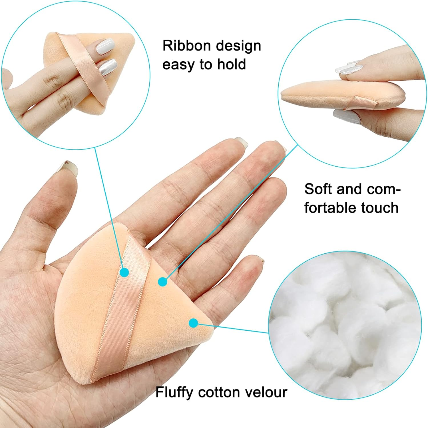 12 Pieces Cosmetic Powder Puff,2.76 Inch Portable Soft Sponge Setting Face Puffs,Triangle Velvet Powder Puff with Ribbon Band Handle for Loose Powder Body Powder Makeup Tool(Black,Nude) image number 3