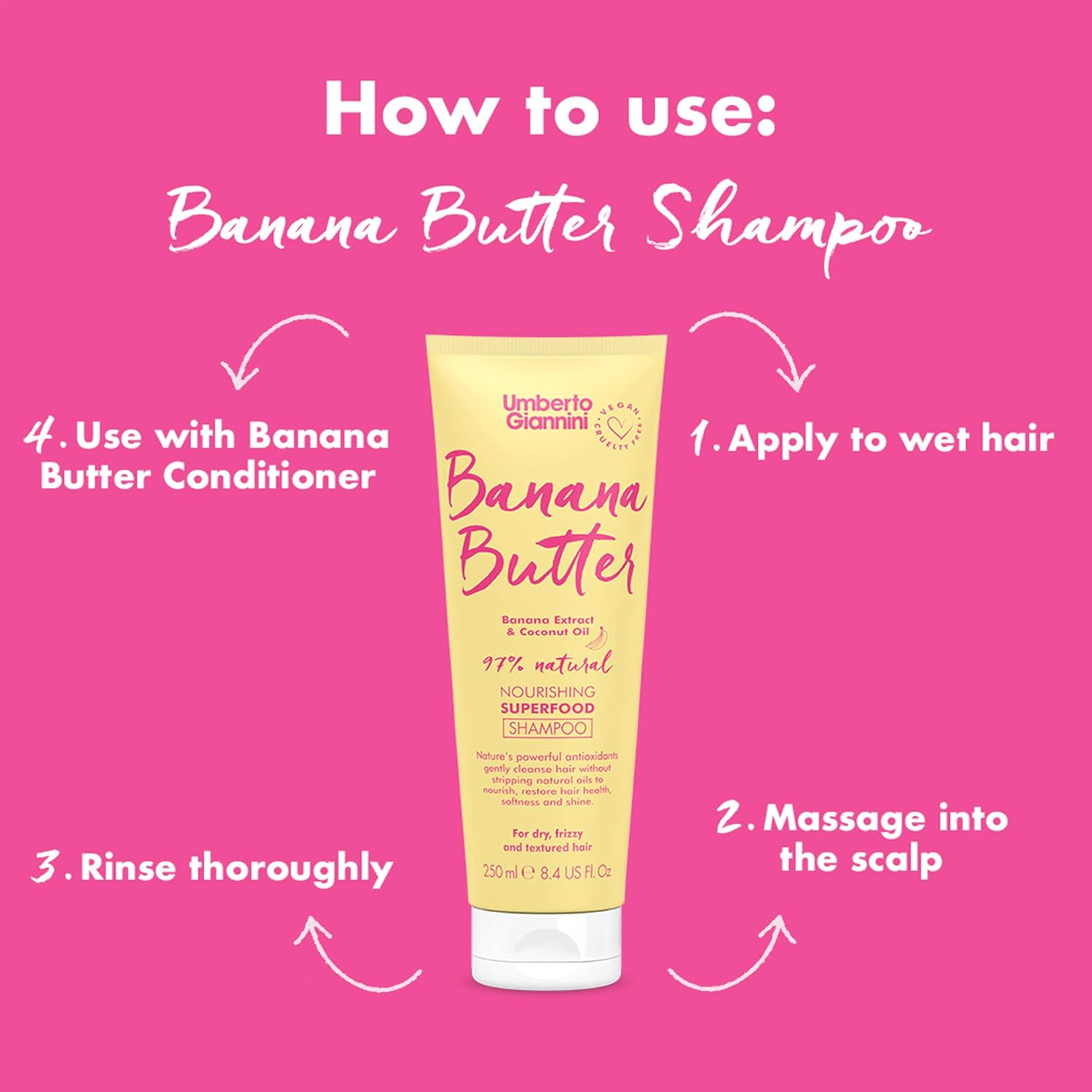 Umberto Giannini Banana Butter Nourishing Superfood Shampoo, Vegan & Cruelty Free Moisturising Formula for Dry, Textured or Frizzy Hair, 250 Ml image number 2