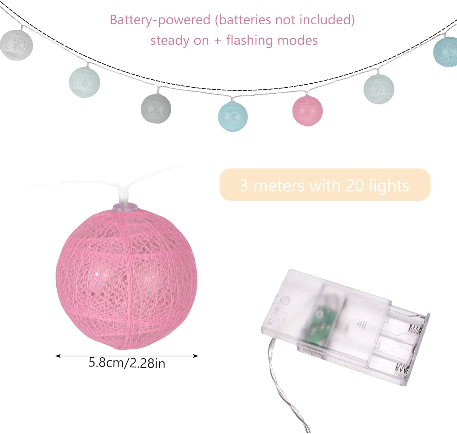 GZGXKJ 3 M Fairy Lights Balls with 20 Leds 5.8 Cm Cotton Ball Fairy Lights Lanterns Battery Operated Fairy Lights for Room Balcony Party and Wedding Decoration (Colourful) image number 5