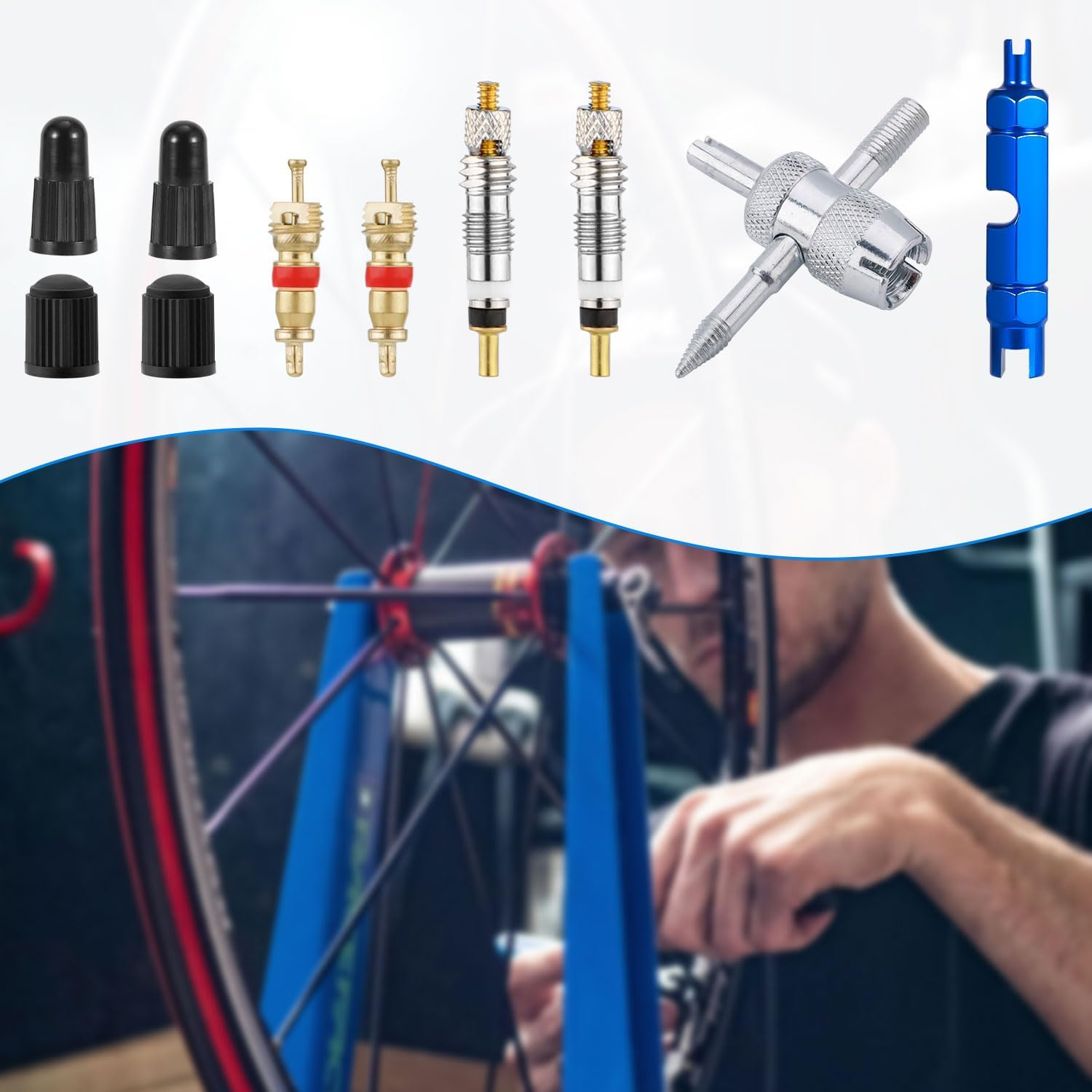 Valve Core Repair Kit, Reliable Valve Core Bike Replacement Kit with 4Pcs Valve Caps and 4Pcs Valve Cores Wrench for Presta & Schrader Valve image number 4