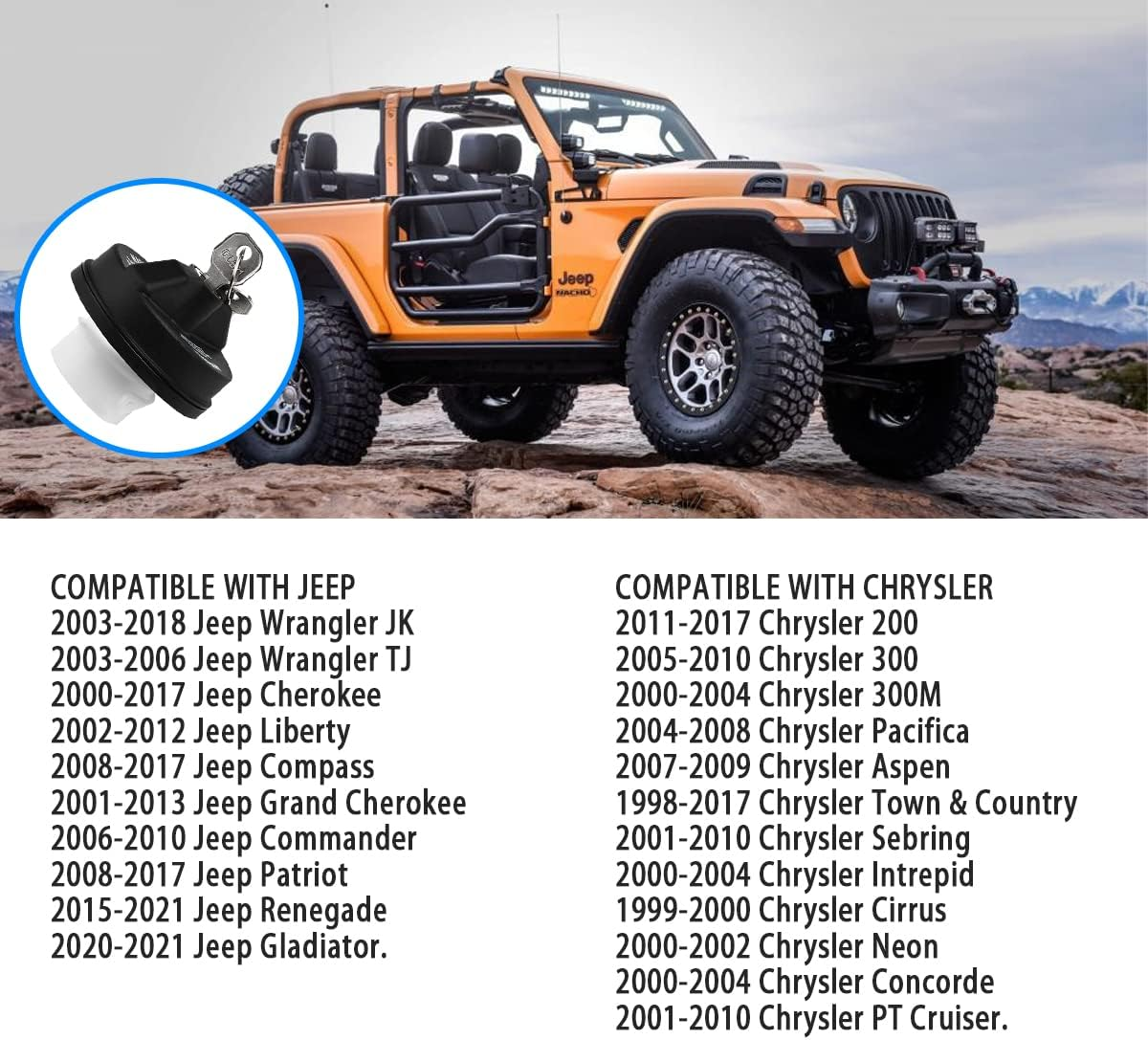 Locking Gas Cap, Lock Fuel Cap for Jeep Chrysler Dodge Ram - Challenger Grand Caravan Ram 1500, Grand Cherokee Wrangler JK TJ JKU Liberty Compass Patriot and More, Automotive Replacement image number 2