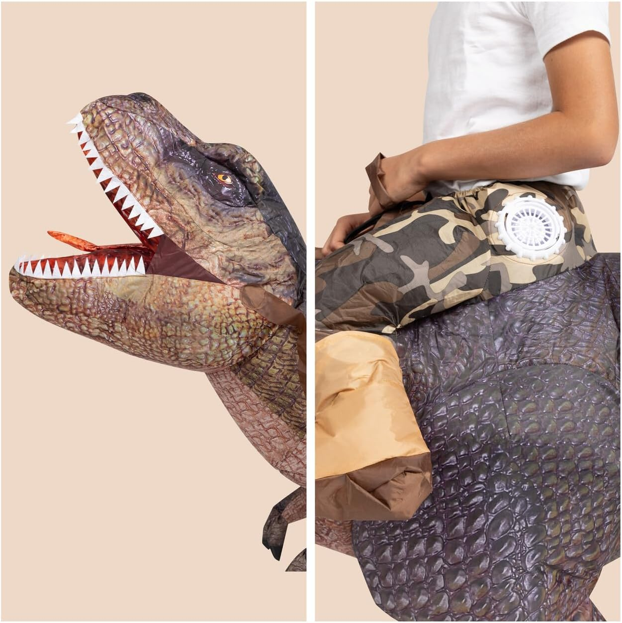 Spooktacular Creations T-Rex Inflatable Costume for Kids, Funny Air Blow up Costumes, Digital Printing Ride-On Dinosaur for Halloween Parties, (Brown S) image number 1