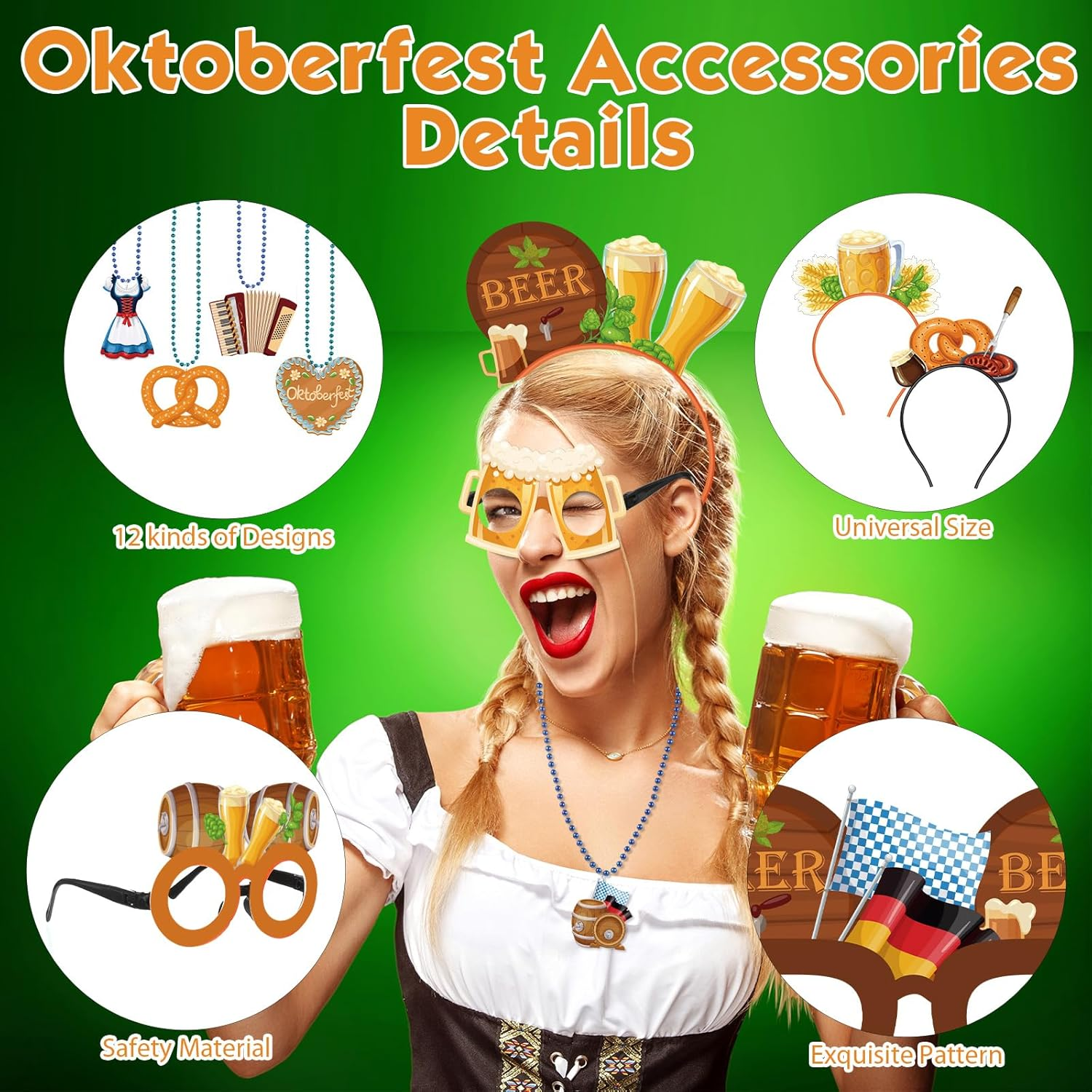 Herdear 36 Pcs Oktoberfest Party Favors Set Oktoberfest Felt Eyeglasses Headbands Bead Necklaces Oktoberfest Photo Booth Props Accessories for German Bavarian Beer Festival Decoration Party Supplies