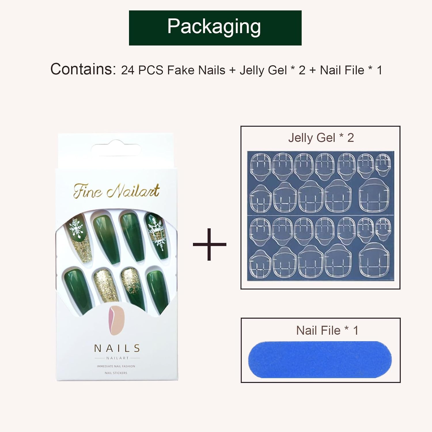 24 PCS Press on Nails Christmas Fake Nails Snowflake Fake Nails Gold Edge Fake Nails Green Fake Nails Long Fake Nails Gifts for Women and Girls (No.75) image number 3