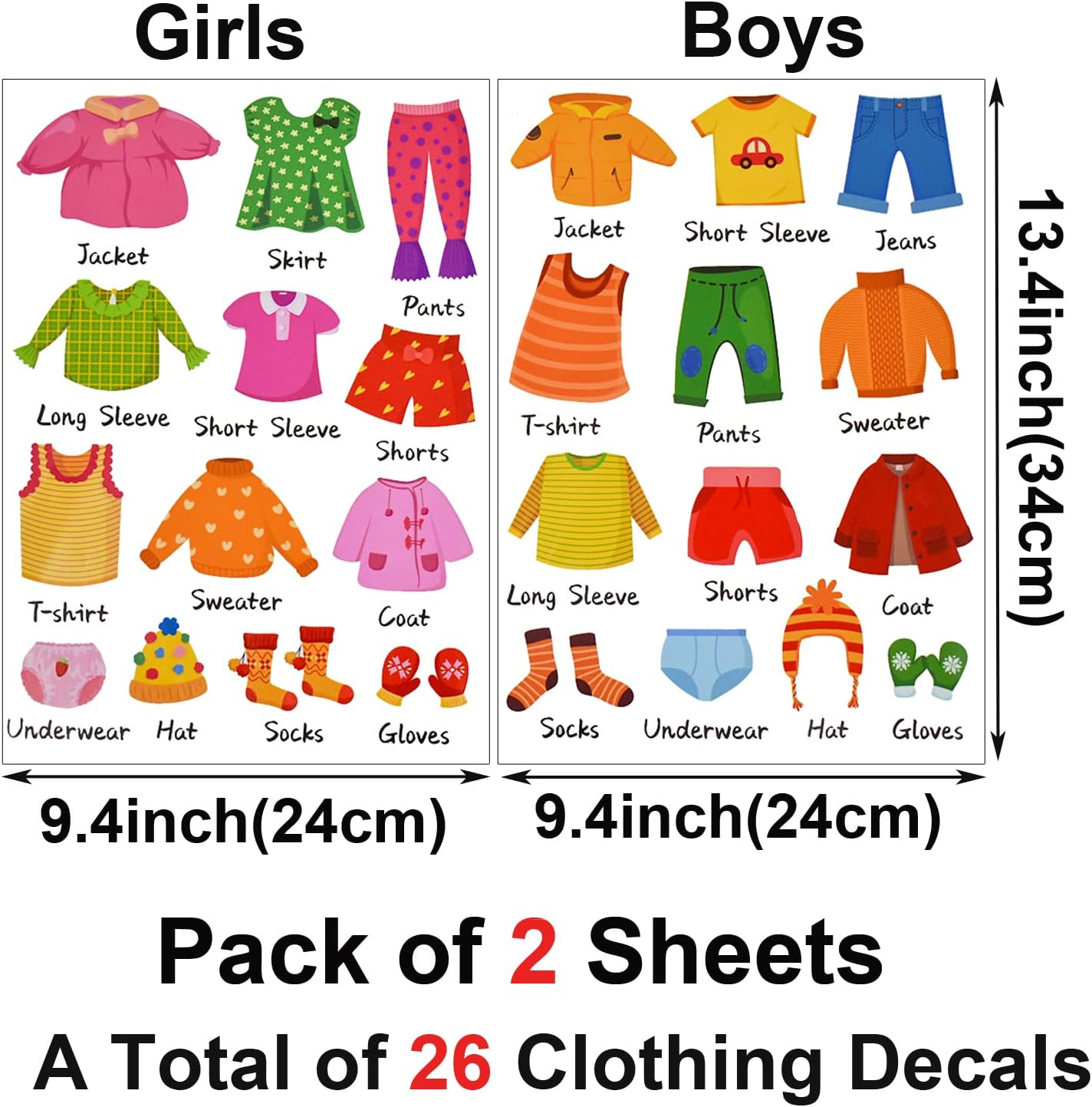 Maydahui 26Pcs Girl'S Boy'S Dresser Clothing Decals Clothes Sort Wall Sticker Removeable Clothes Classification Label for Wardrobe Closet Drawer Organizing Home Bedroom Decoration Nursery Decor