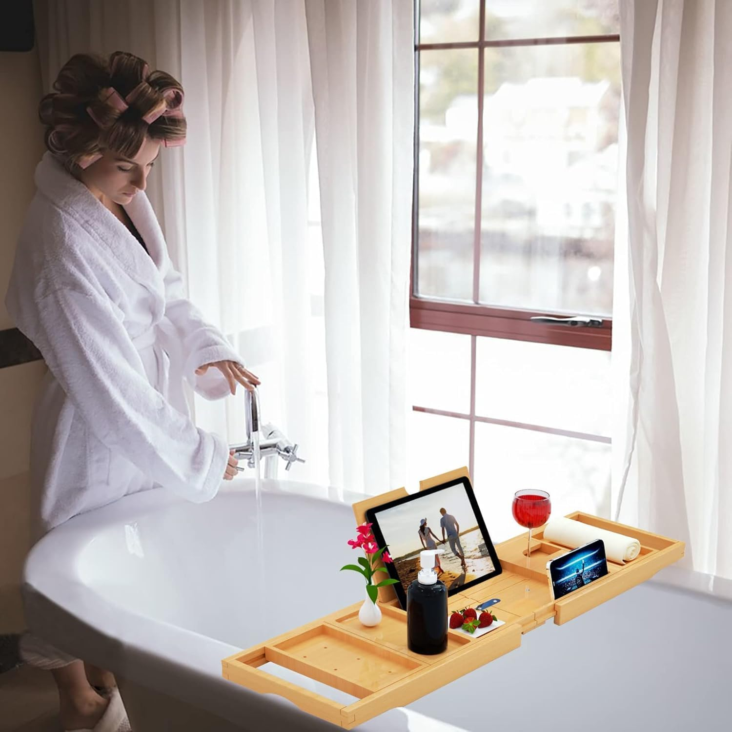 Premium Bathtub Tray Caddy - Bath Tray Bamboo Expandable - Bath Tub Tray Table for Bathtub - Expandable Size, Fits Most Bath Tubs image number 2